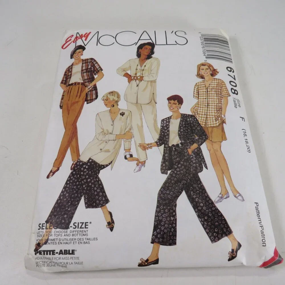 McCalls 6708 Sewing Pattern EASY UNCUT Cardigan-Jacket, Top, Pants, Culottes
